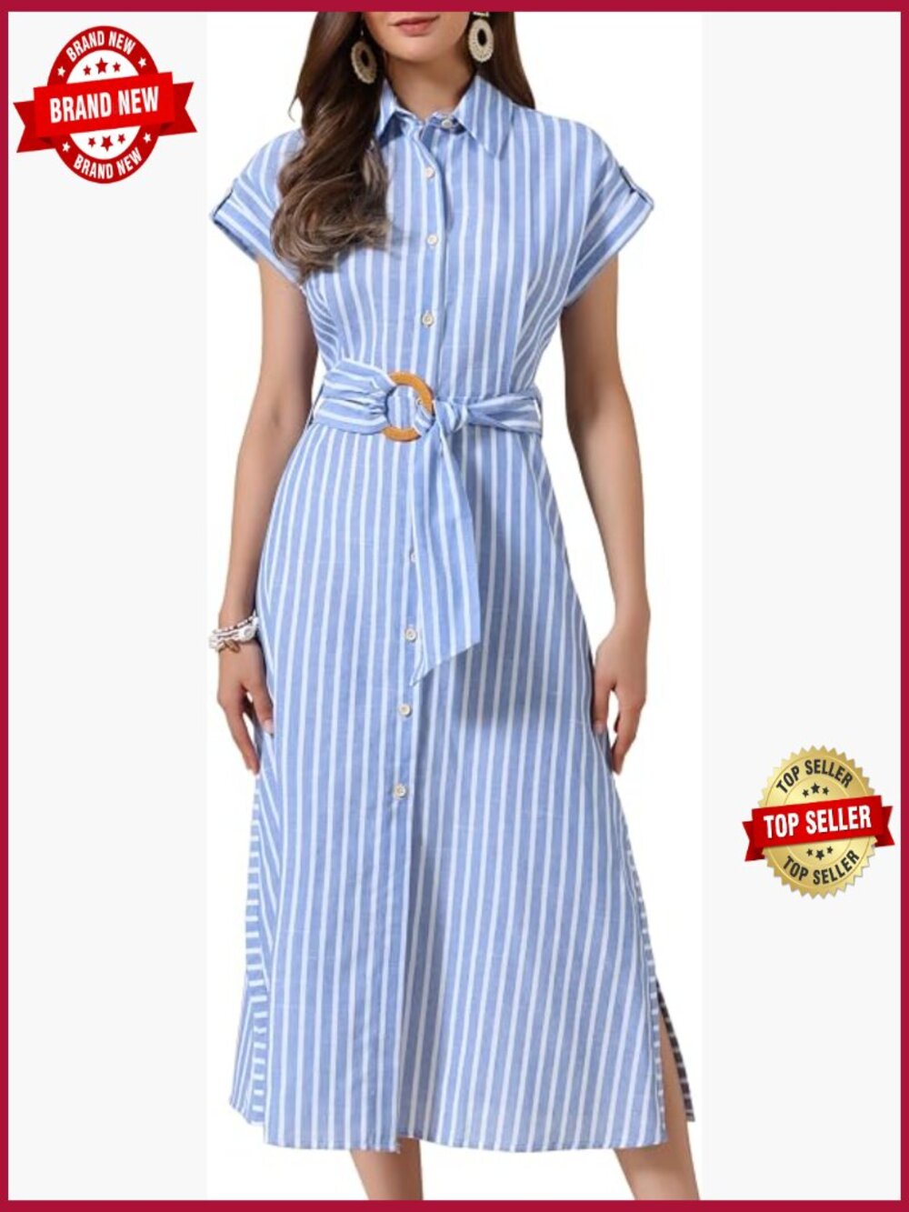 Casual Button Down Tie Waist Side Slit Midi Dress Summer Striped